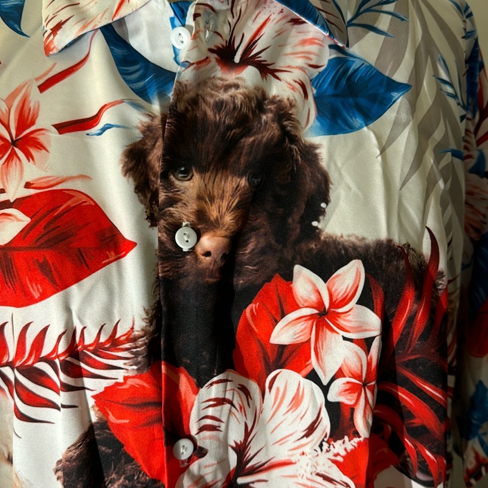 Tropical & Novelty Button Shirt with Chocolate Labtadoodle - Picture 2 of 5